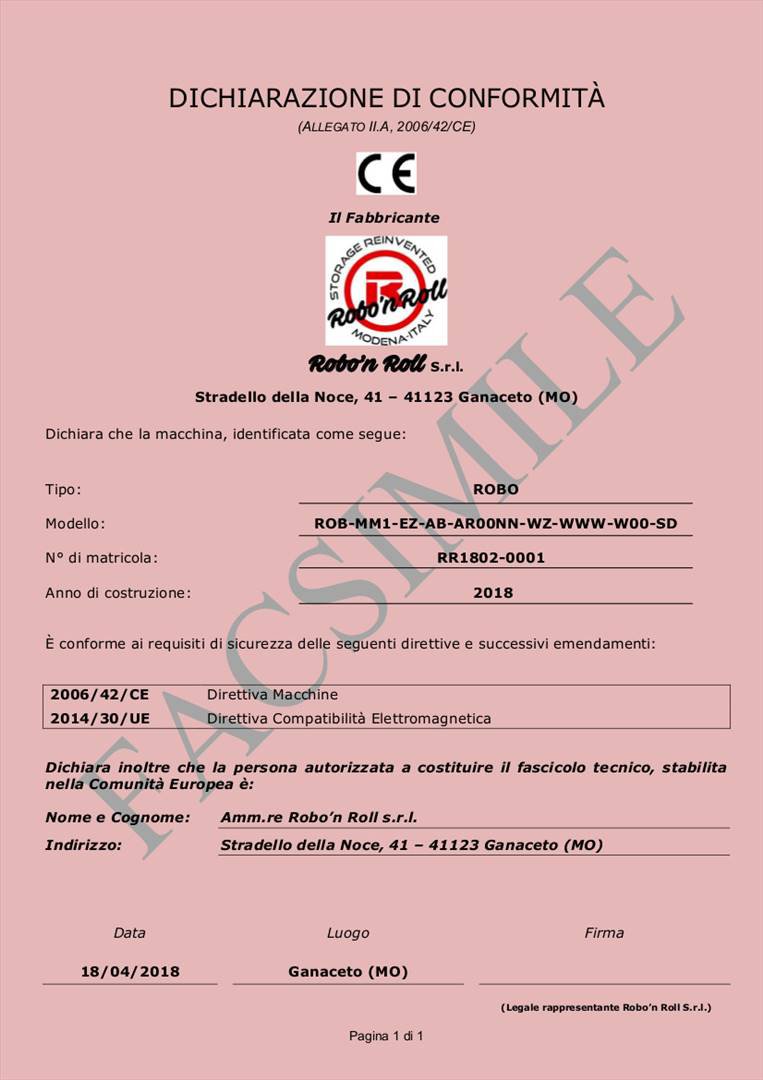 Fac simile del certificato rilasciato per ogni Robo Fac simile del certificato rilasciato per ogni Robo