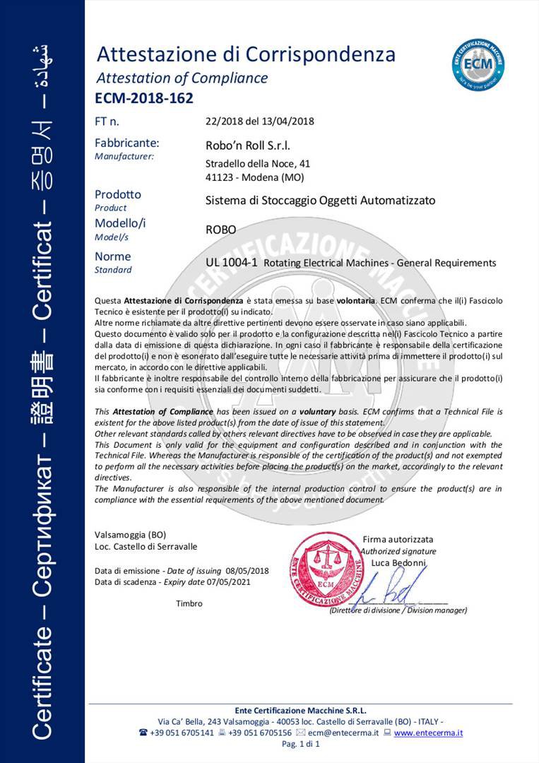Certificato di Corrispondenza conseguito da Robo Certificato di Corrispondenza conseguito dall'armadio