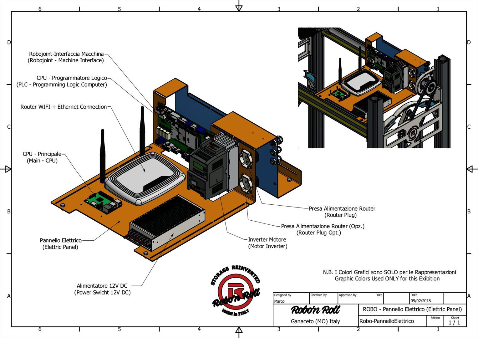 Robo Electrical Panel houses: a Raspberry Pi, a 12V power supply, an inverter, a WiFi router and a RoboJoint electrical board with Arduino Due.