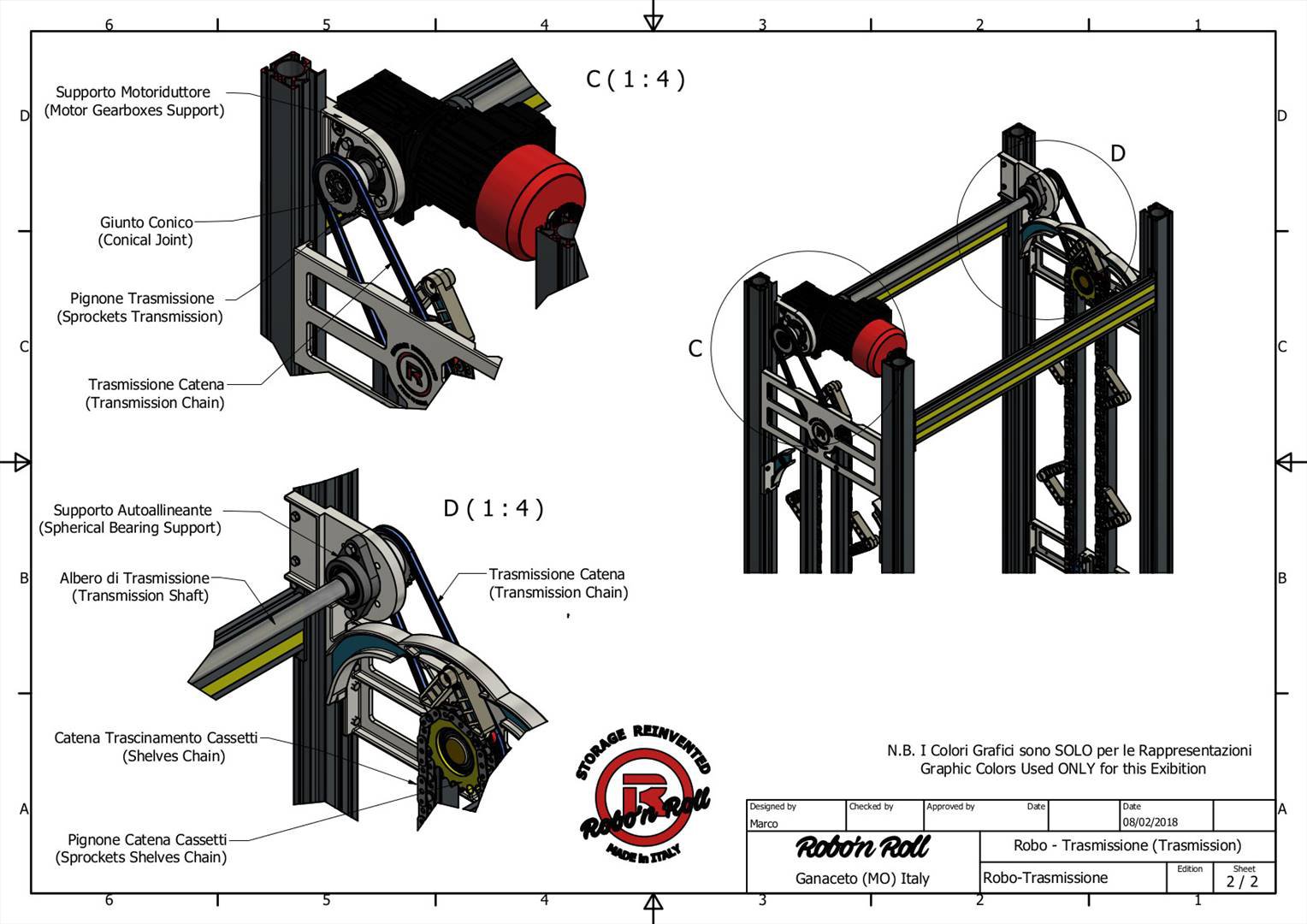 Schema tecnico del sistema di trasmissione del moto, lato destro.